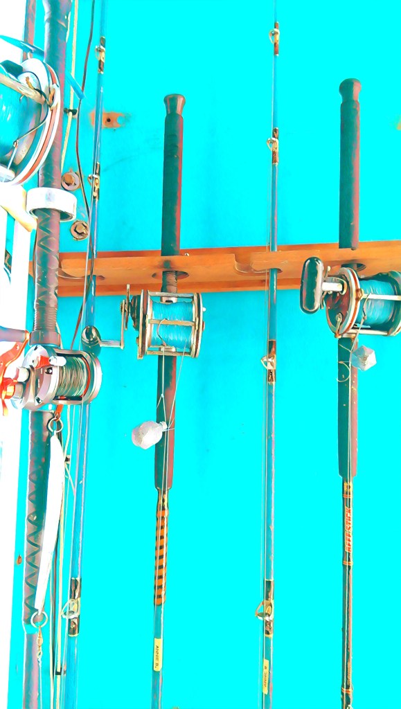 fishing rods in a holder on a boat