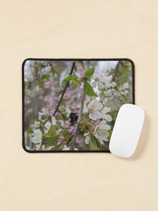 White cherry blossom mouse pad